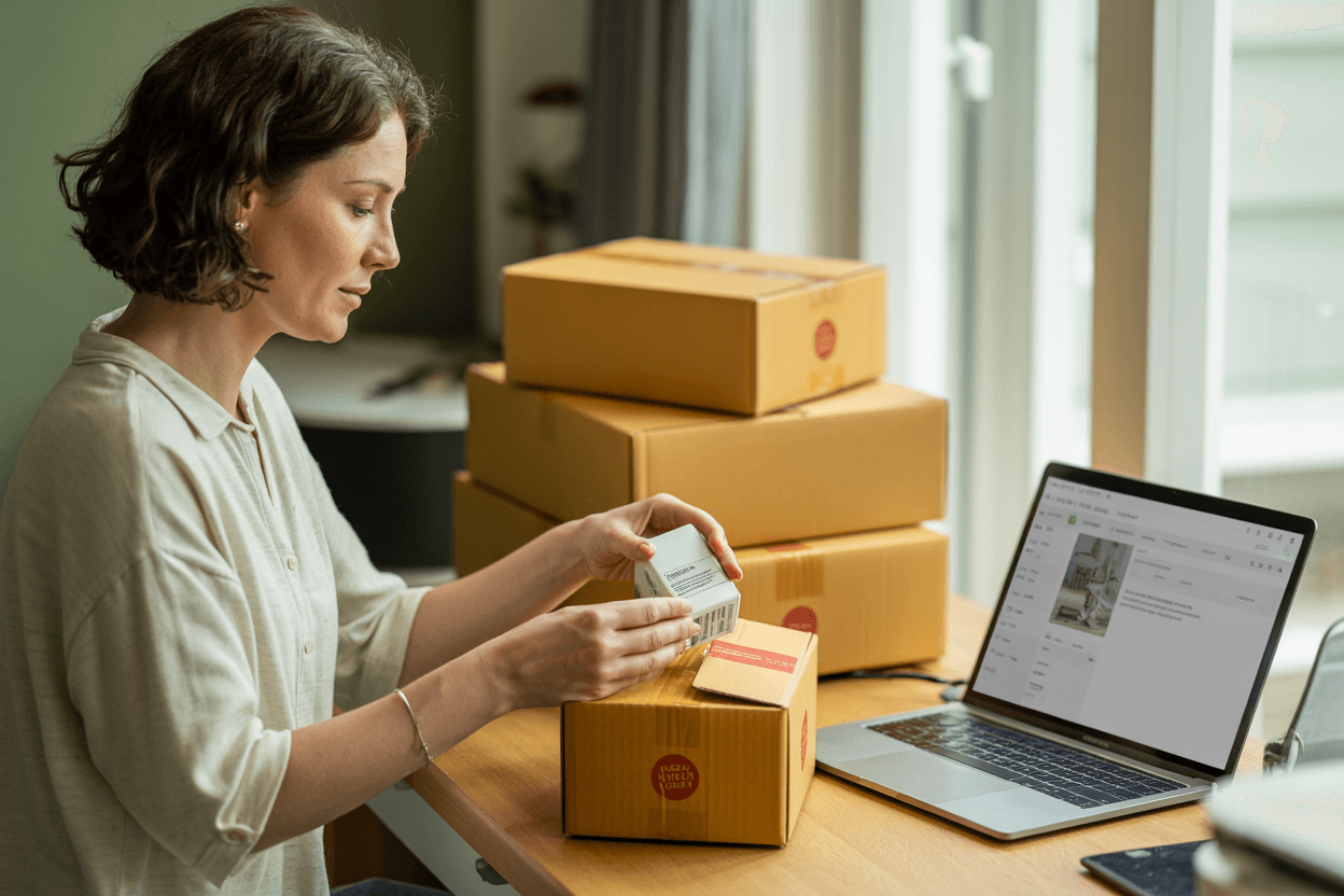 Small-business owner packaging an online order at a home-office desk with a laptop showing product listings