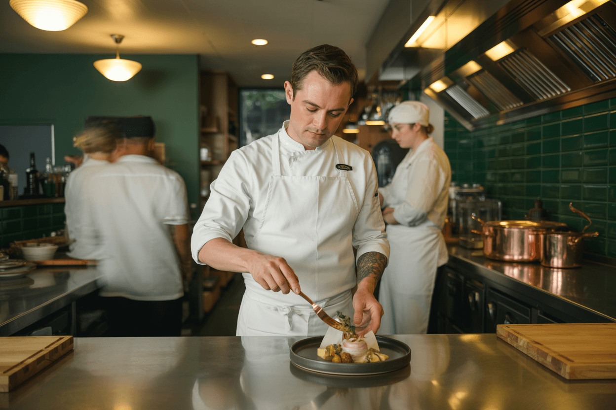 Chef plating a dish in a modern restaurant kitchen with forest green tiles and copper cookware