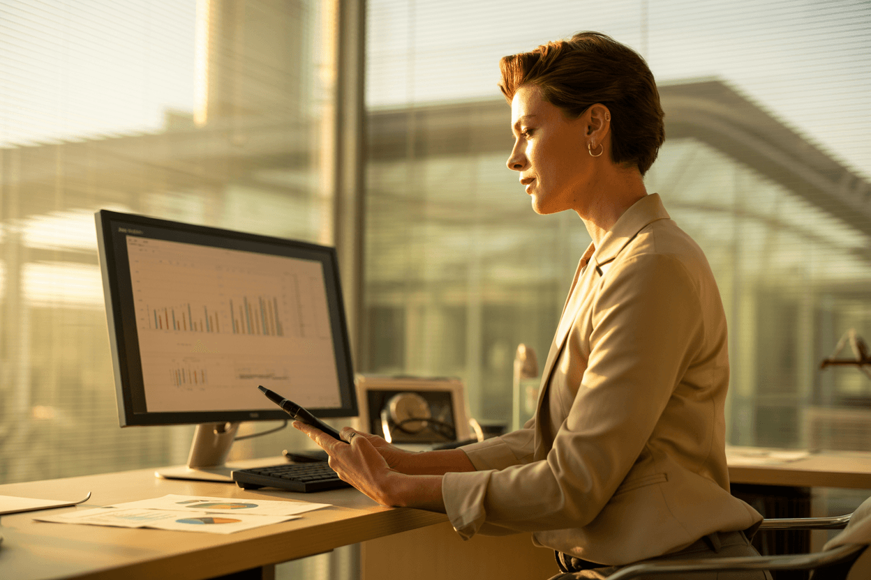 Professional consultant reviewing analytics charts on a large monitor in a sunlit modern office
